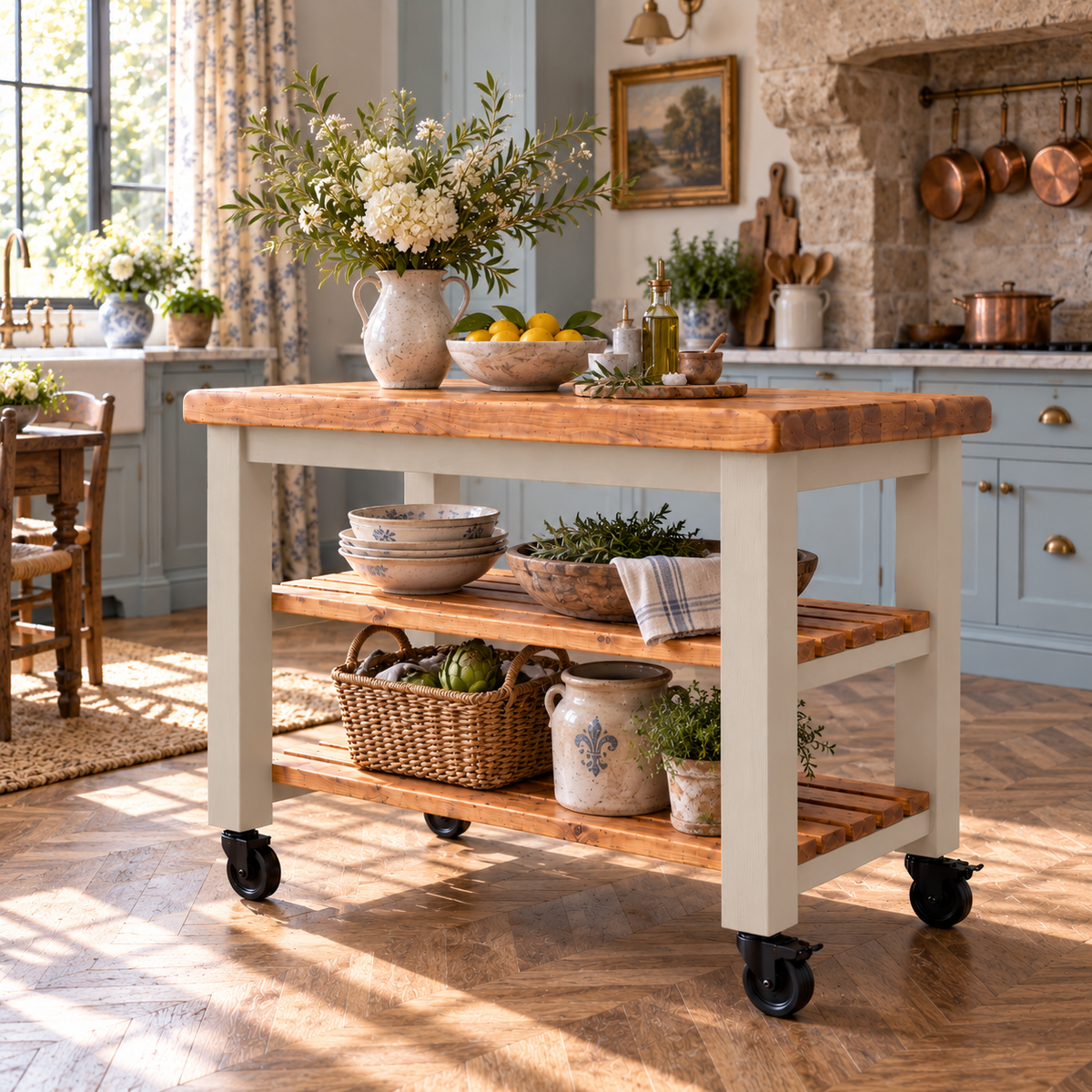 LOLA Cashmere Painted Kitchen Island / Breakfast Bar / Rustic Island On Casters / Wheels