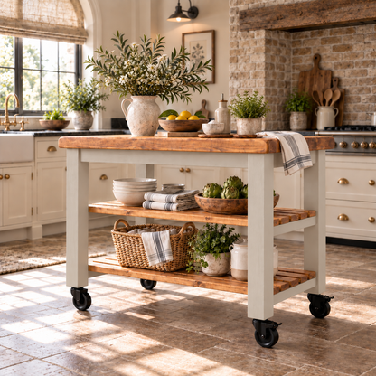 LOLA Cashmere Painted Kitchen Island / Breakfast Bar / Rustic Island On Casters / Wheels