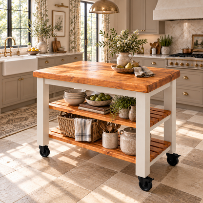 LOLA Cashmere Painted Kitchen Island / Breakfast Bar / Rustic Island On Casters / Wheels