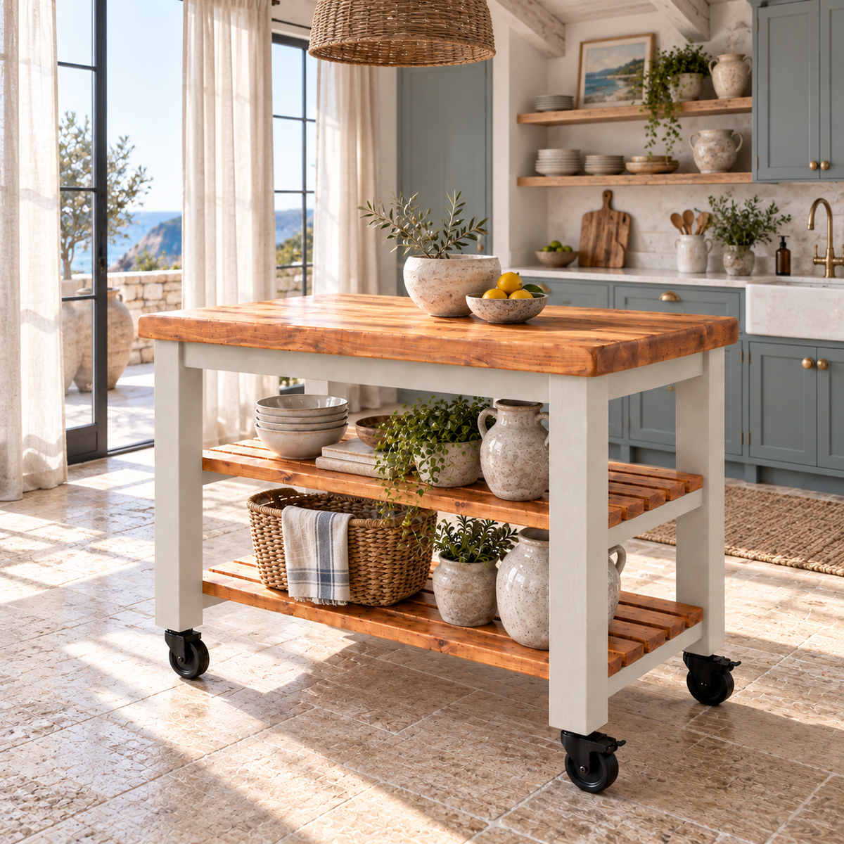 LOLA Cashmere Painted Kitchen Island / Breakfast Bar / Rustic Island On Casters / Wheels
