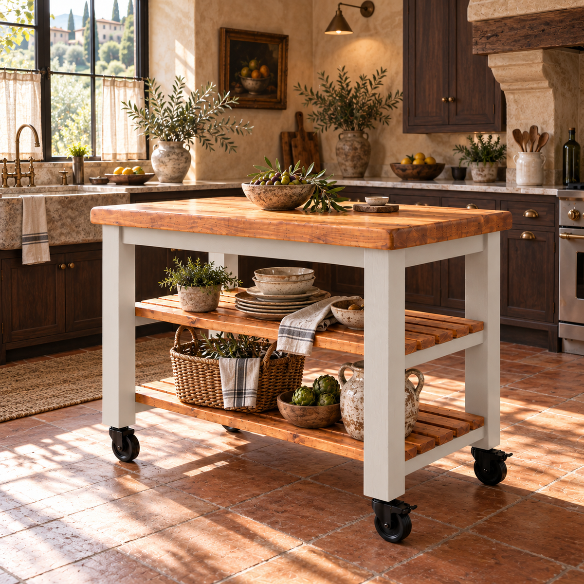 LOLA Cashmere Painted Kitchen Island / Breakfast Bar / Rustic Island On Casters / Wheels