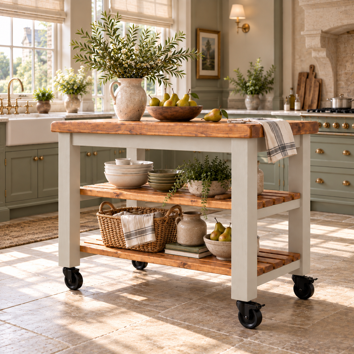 LOLA Cashmere Painted Kitchen Island / Breakfast Bar / Rustic Island On Casters / Wheels