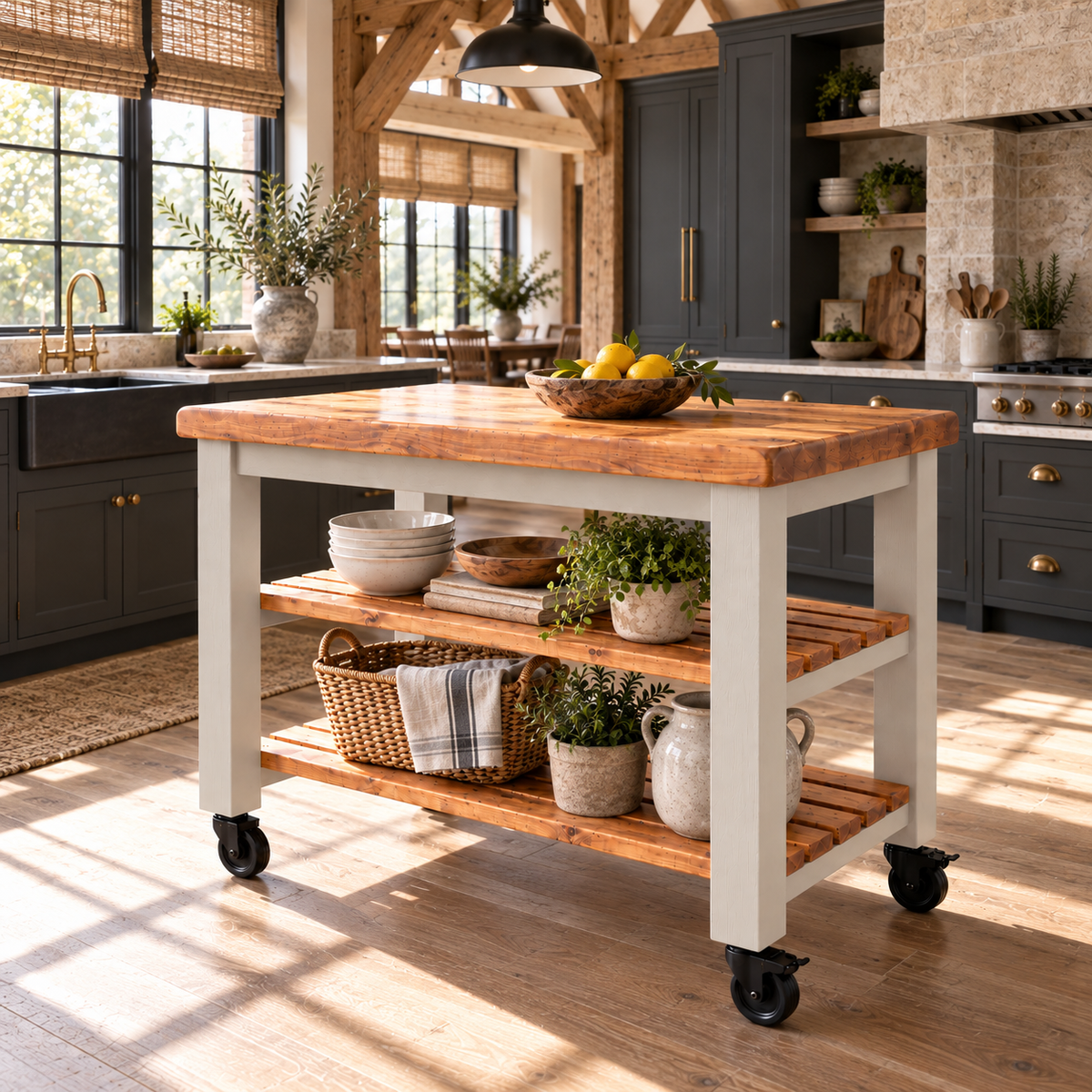 LOLA Cashmere Painted Kitchen Island / Breakfast Bar / Rustic Island On Casters / Wheels