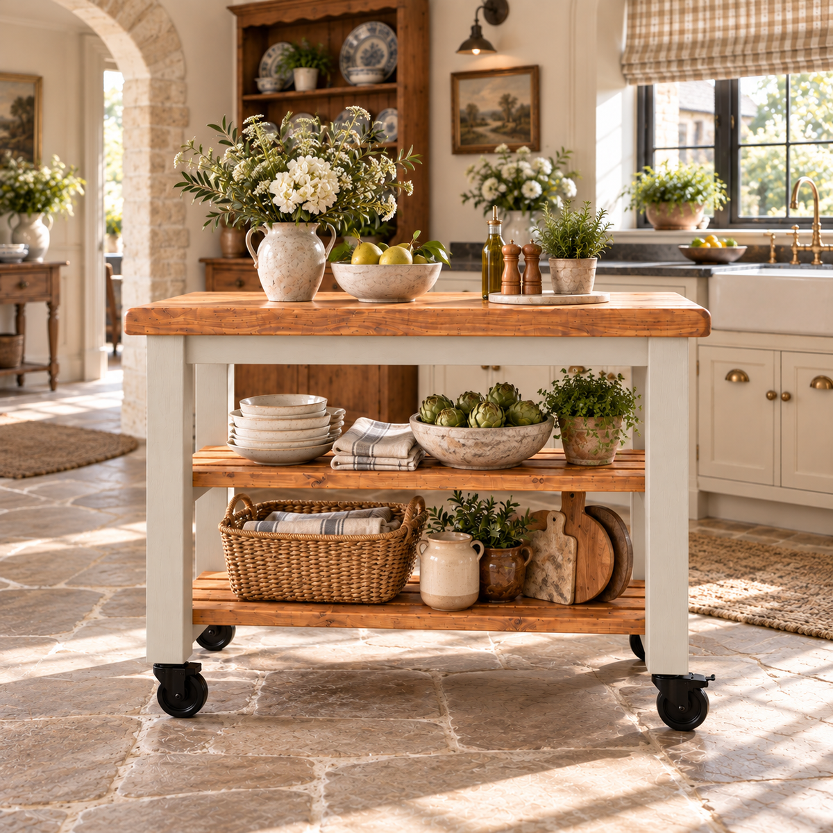 LOLA Cashmere Painted Kitchen Island / Breakfast Bar / Rustic Island On Casters / Wheels
