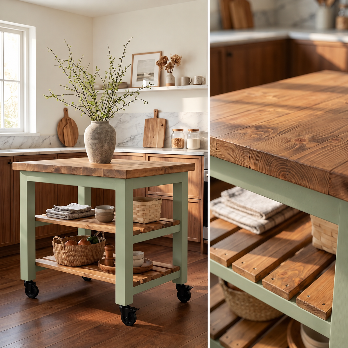 LOLA Light Green Kitchen Island / Breakfast Bar / Rustic Island On Casters / Wheels