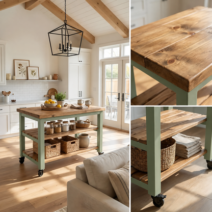 LOLA Light Green Kitchen Island / Breakfast Bar / Rustic Island On Casters / Wheels