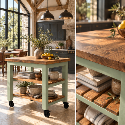 LOLA Light Green Kitchen Island / Breakfast Bar / Rustic Island On Casters / Wheels