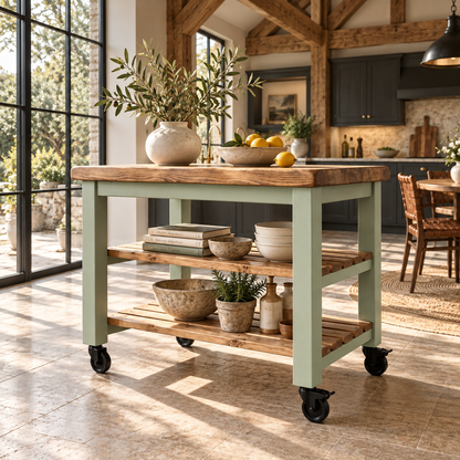 LOLA Light Green Kitchen Island / Breakfast Bar / Rustic Island On Casters / Wheels