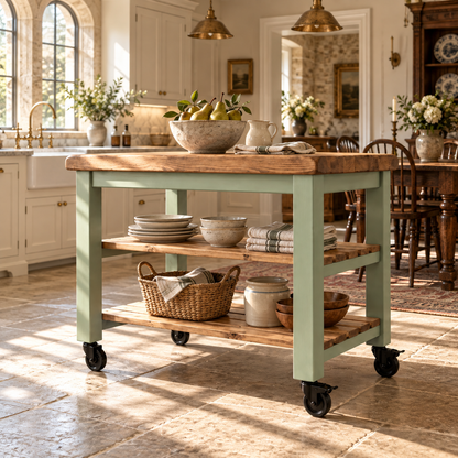 LOLA Light Green Kitchen Island / Breakfast Bar / Rustic Island On Casters / Wheels