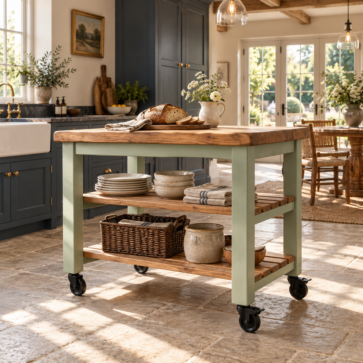 LOLA Light Green Kitchen Island / Breakfast Bar / Rustic Island On Casters / Wheels