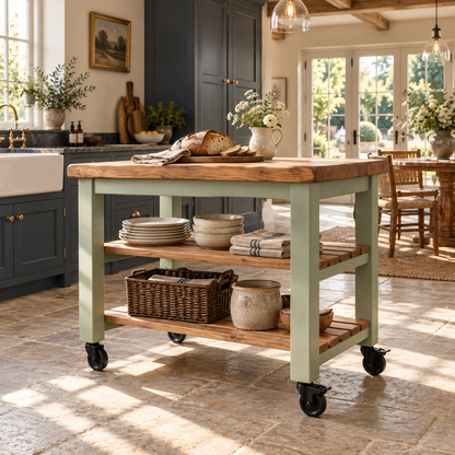 LOLA Light Green Kitchen Island / Breakfast Bar / Rustic Island On Casters / Wheels
