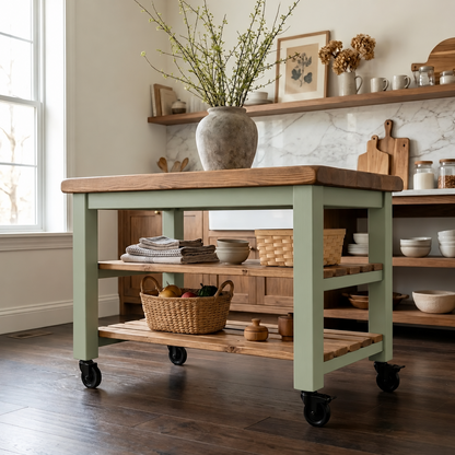 LOLA Light Green Kitchen Island / Breakfast Bar / Rustic Island On Casters / Wheels