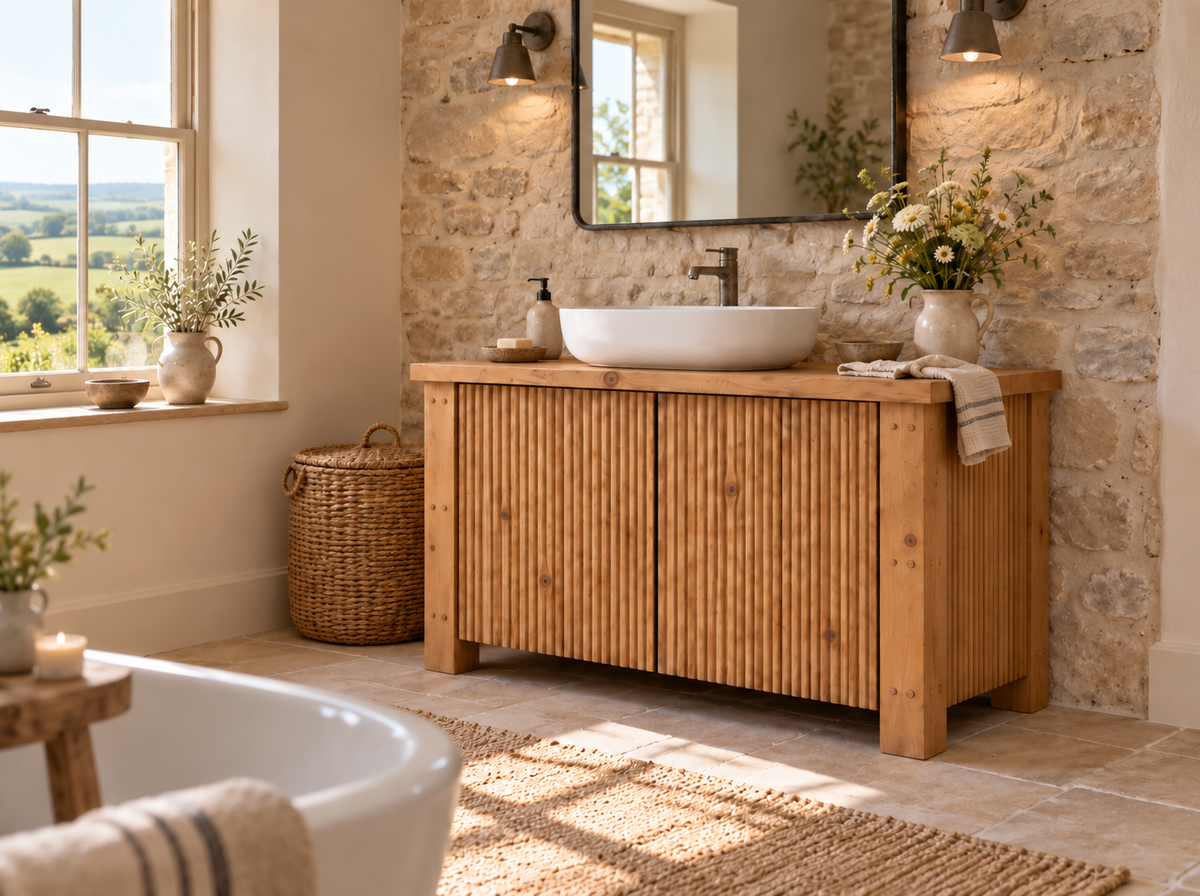Loxmere Fluted Solid Wood Bathroom Vanity Unit | Rustic Farmhouse Vanity Cabinet with Doors