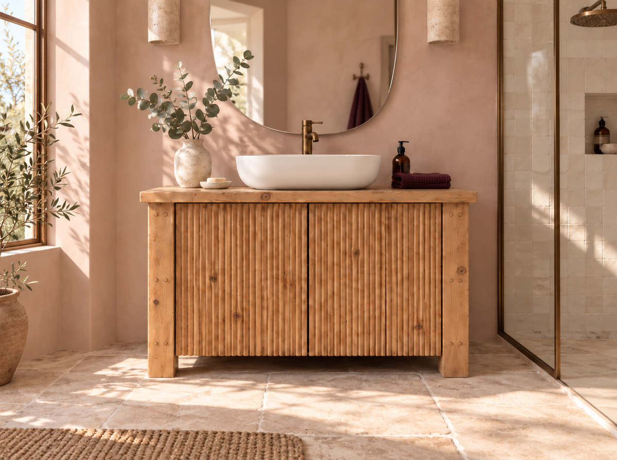 Loxmere Fluted Solid Wood Bathroom Vanity Unit | Rustic Farmhouse Vanity Cabinet with Doors