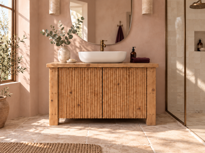 Loxmere Fluted Solid Wood Bathroom Vanity Unit | Rustic Farmhouse Vanity Cabinet with Doors