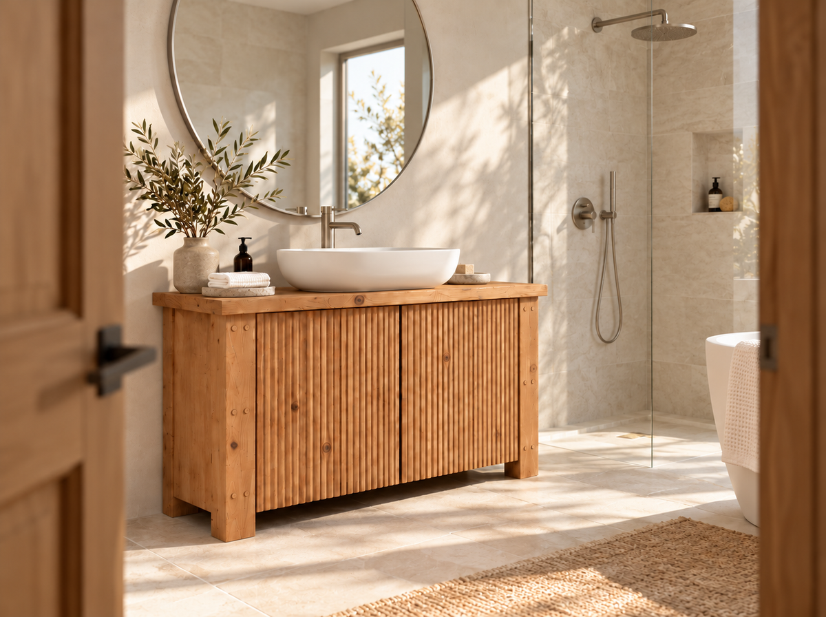 Loxmere Fluted Solid Wood Bathroom Vanity Unit | Rustic Farmhouse Vanity Cabinet with Doors