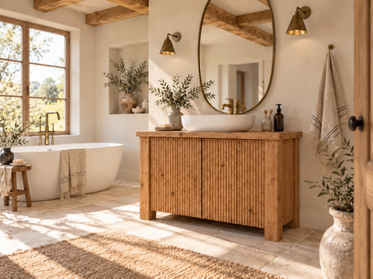 Loxmere Fluted Solid Wood Bathroom Vanity Unit | Rustic Farmhouse Vanity Cabinet with Doors