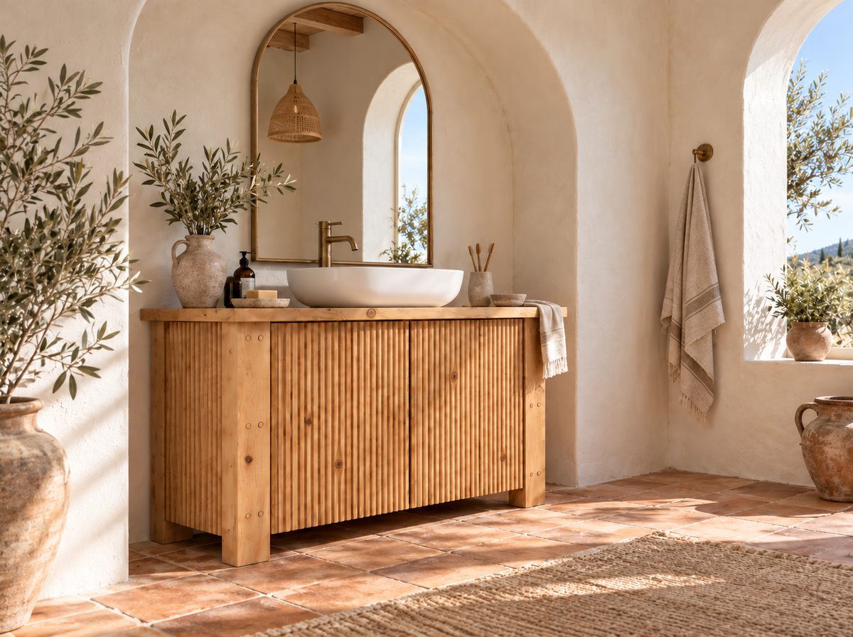 Loxmere Fluted Solid Wood Bathroom Vanity Unit | Rustic Farmhouse Vanity Cabinet with Doors