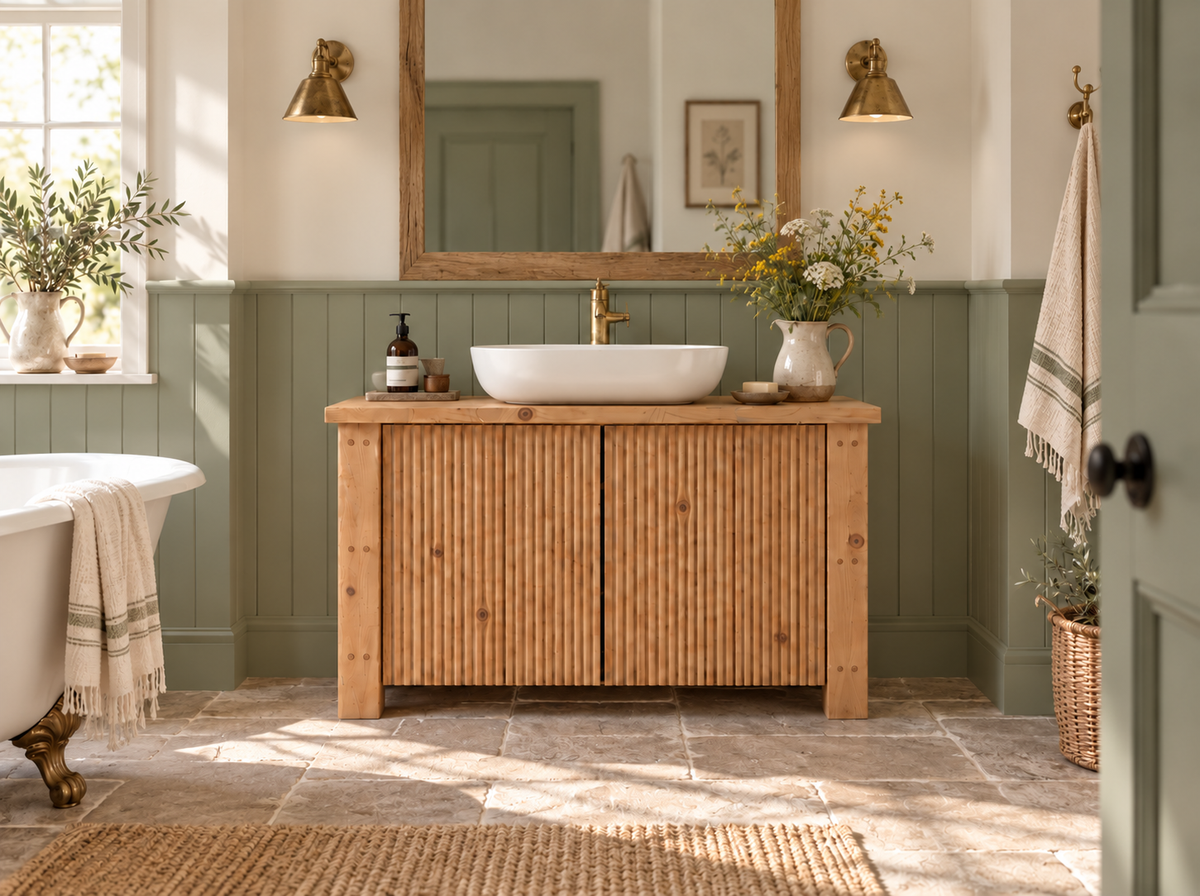 Loxmere Fluted Solid Wood Bathroom Vanity Unit | Rustic Farmhouse Vanity Cabinet with Doors