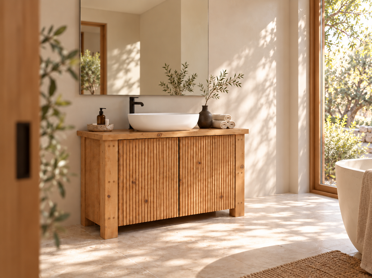Loxmere Fluted Solid Wood Bathroom Vanity Unit | Rustic Farmhouse Vanity Cabinet with Doors