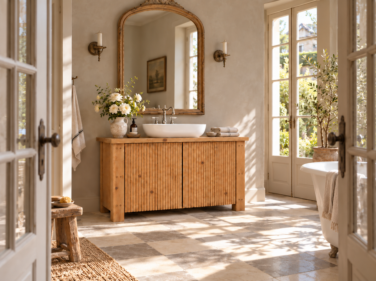 Loxmere Fluted Solid Wood Bathroom Vanity Unit | Rustic Farmhouse Vanity Cabinet with Doors