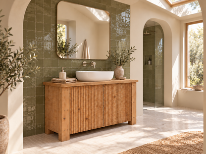 Loxmere Fluted Solid Wood Bathroom Vanity Unit | Rustic Farmhouse Vanity Cabinet with Doors