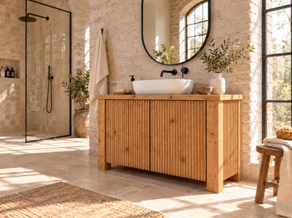 Loxmere Fluted Solid Wood Bathroom Vanity Unit | Rustic Farmhouse Vanity Cabinet with Doors