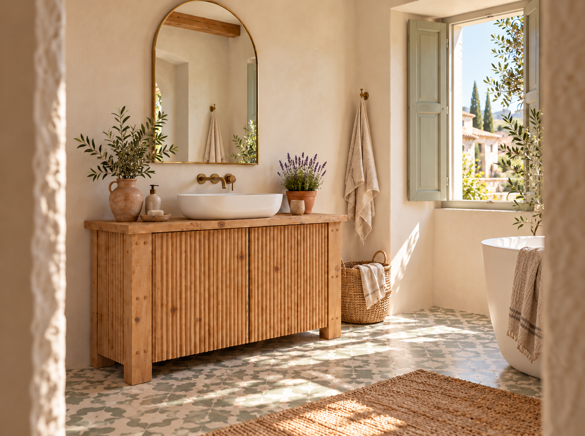 Loxmere Fluted Solid Wood Bathroom Vanity Unit | Rustic Farmhouse Vanity Cabinet with Doors