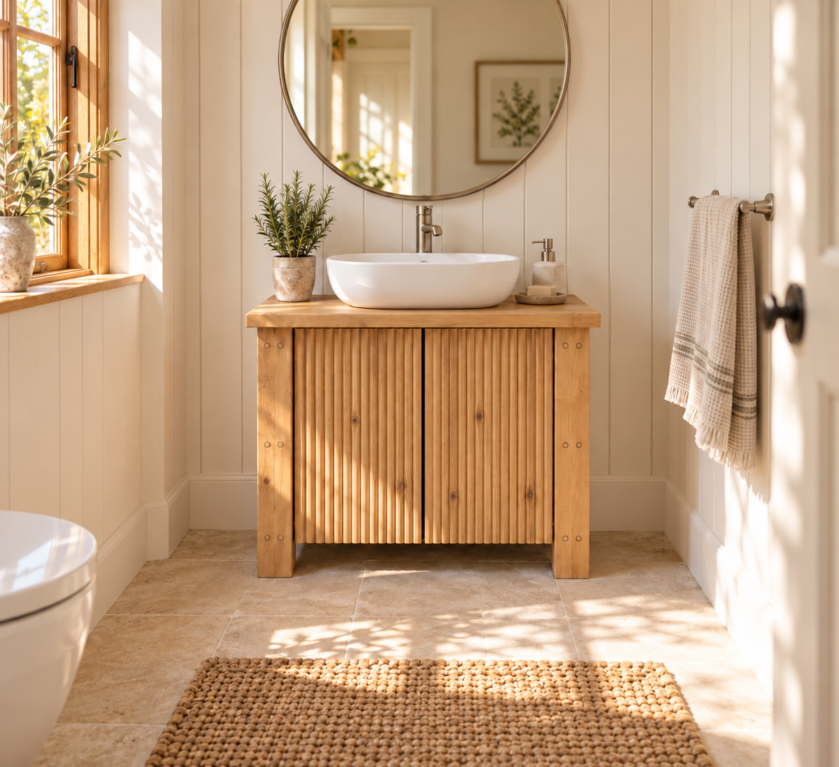 Loxmere Fluted Solid Wood Bathroom Vanity Unit | Rustic Farmhouse Vanity Cabinet with Doors