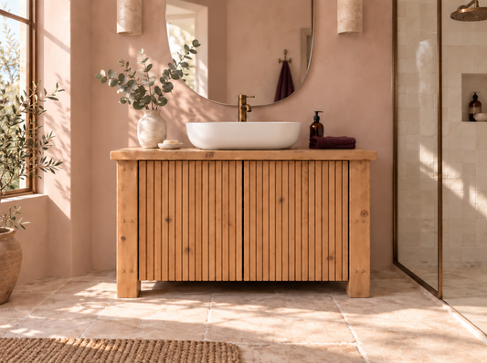 Loxmere Fluted Solid Wood Bathroom Vanity Unit | Rustic Farmhouse Vanity Cabinet with Doors