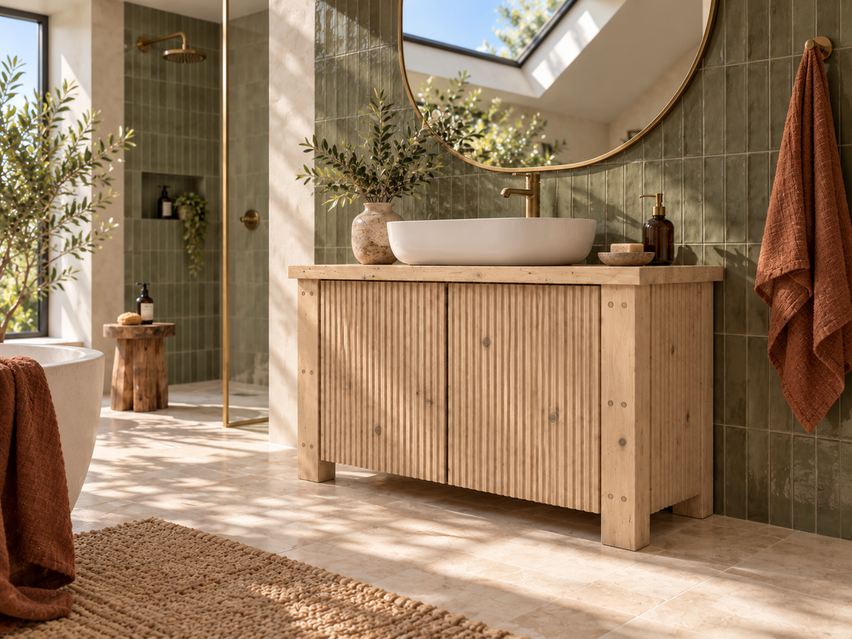 Loxmere Light Oak Colour Fluted Solid Wood Bathroom Vanity Unit | Rustic Farmhouse Vanity Cabinet with Doors
