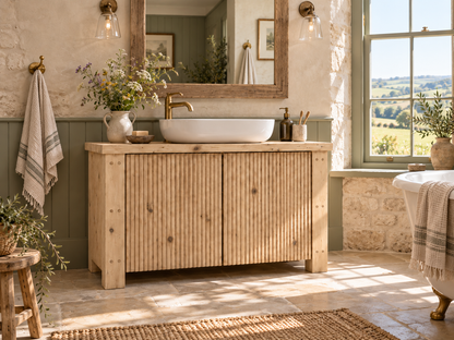 Loxmere Light Oak Colour Fluted Solid Wood Bathroom Vanity Unit | Rustic Farmhouse Vanity Cabinet with Doors