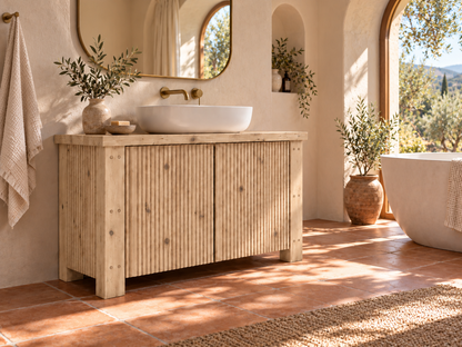 Loxmere Light Oak Colour Fluted Solid Wood Bathroom Vanity Unit | Rustic Farmhouse Vanity Cabinet with Doors