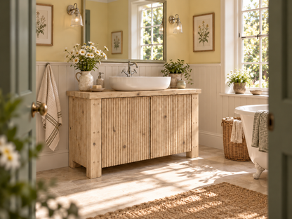 Loxmere Light Oak Colour Fluted Solid Wood Bathroom Vanity Unit | Rustic Farmhouse Vanity Cabinet with Doors