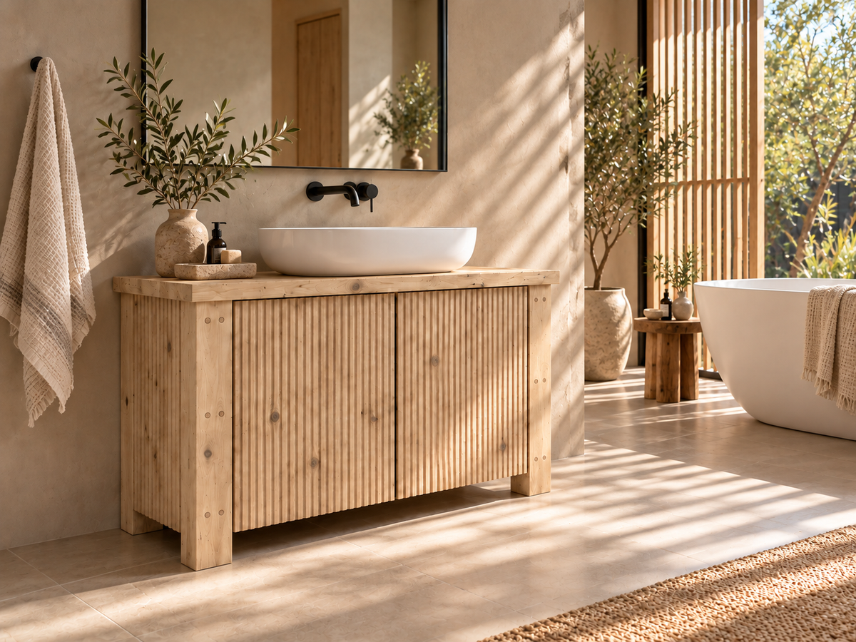 Loxmere Light Oak Colour Fluted Solid Wood Bathroom Vanity Unit | Rustic Farmhouse Vanity Cabinet with Doors