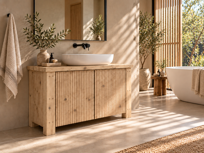 Loxmere Light Oak Colour Fluted Solid Wood Bathroom Vanity Unit | Rustic Farmhouse Vanity Cabinet with Doors