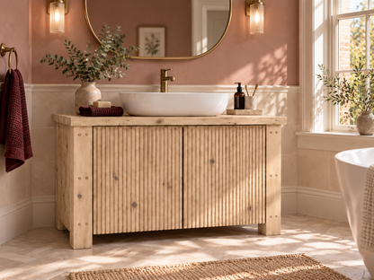 Loxmere Light Oak Colour Fluted Solid Wood Bathroom Vanity Unit | Rustic Farmhouse Vanity Cabinet with Doors