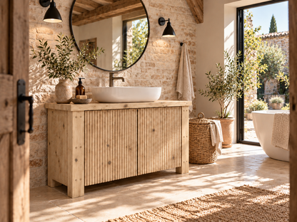 Loxmere Light Oak Colour Fluted Solid Wood Bathroom Vanity Unit | Rustic Farmhouse Vanity Cabinet with Doors