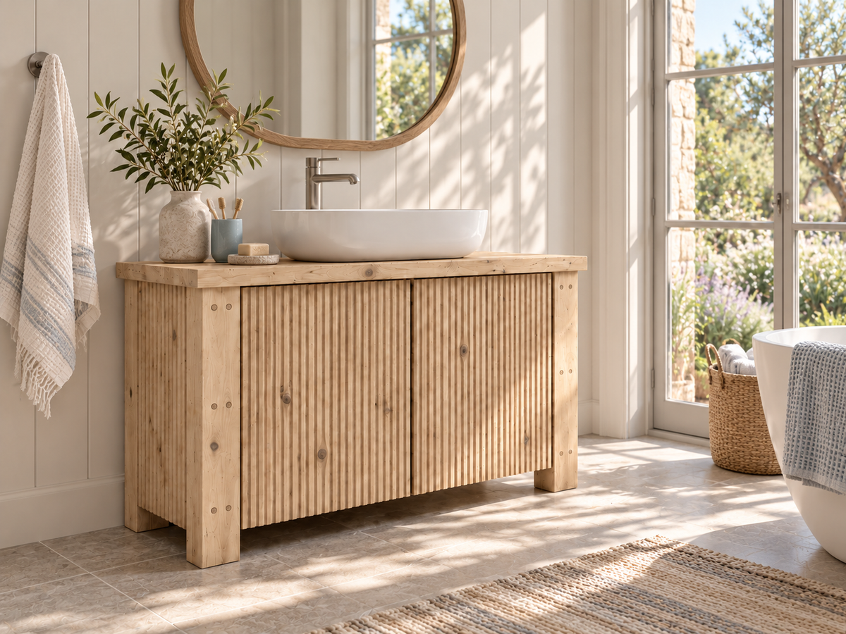 Loxmere Light Oak Colour Fluted Solid Wood Bathroom Vanity Unit | Rustic Farmhouse Vanity Cabinet with Doors