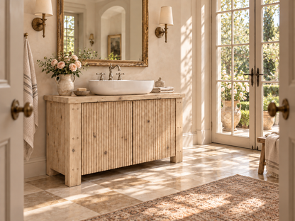 Loxmere Light Oak Colour Fluted Solid Wood Bathroom Vanity Unit | Rustic Farmhouse Vanity Cabinet with Doors