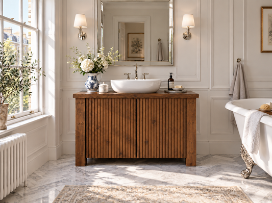 Loxmere Walnut Colour Fluted Solid Wood Bathroom Vanity Unit | Rustic Farmhouse Vanity Cabinet with Doors