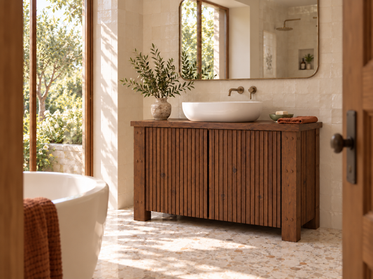 Loxmere Walnut Colour Fluted Solid Wood Bathroom Vanity Unit | Rustic Farmhouse Vanity Cabinet with Doors