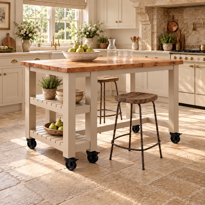 NORVIK Cashmere Cart On Wheels Solid Wood Kitchen Island With Shelf / Breakfast Bar