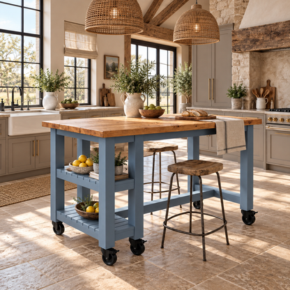 NORVIK Blue Cart On Wheels Solid Wood Kitchen Island With Shelf / Breakfast Bar