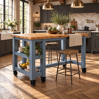 NORVIK Blue Cart On Wheels Solid Wood Kitchen Island With Shelf / Breakfast Bar