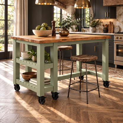 NORVIK Light Green Cart On Wheels Solid Wood Kitchen Island With Shelf / Breakfast Bar