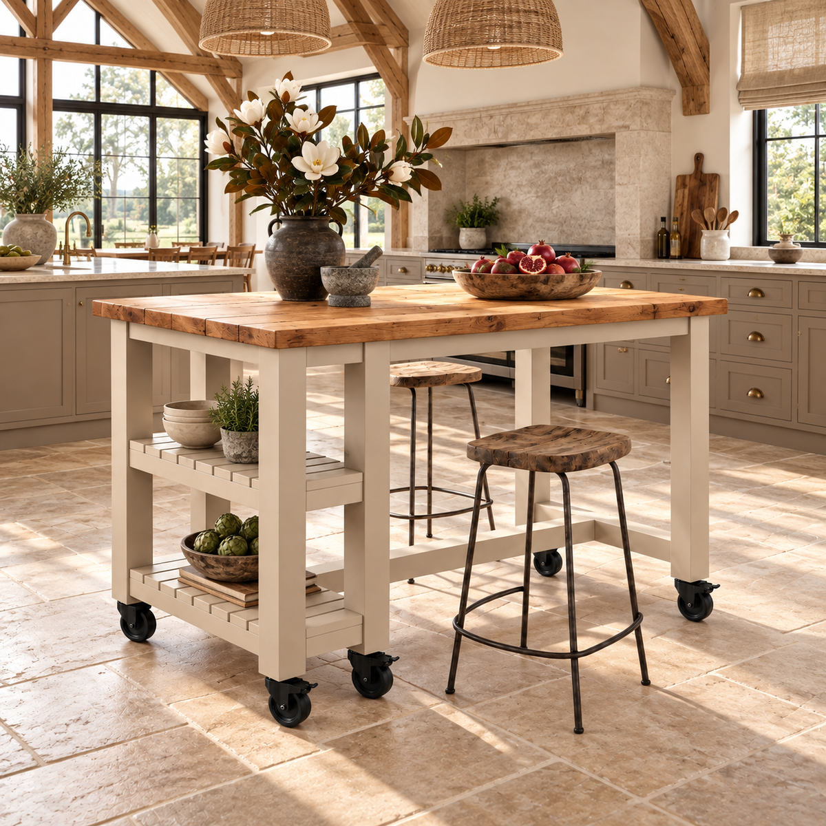 NORVIK Cashmere Cart On Wheels Solid Wood Kitchen Island With Shelf / Breakfast Bar