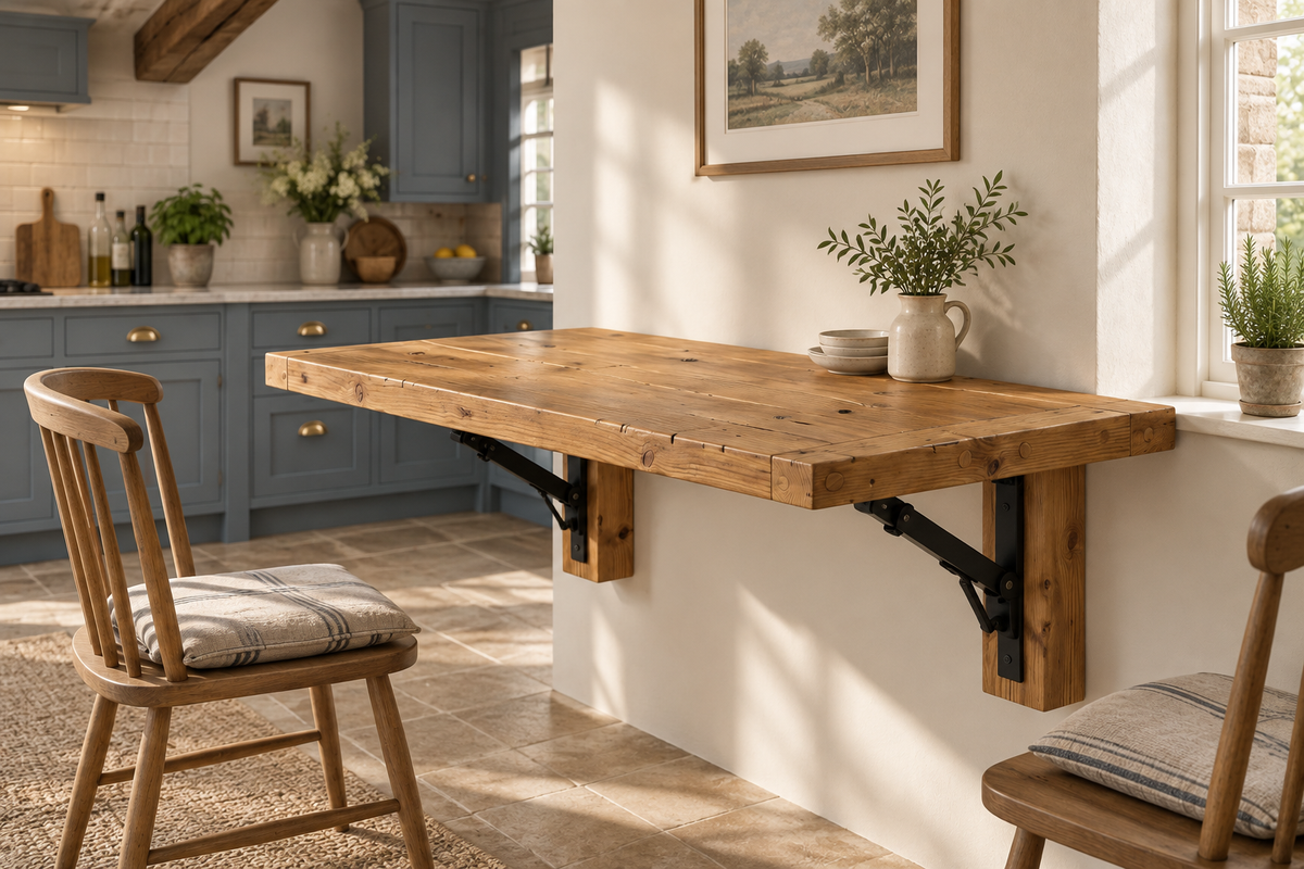 ASHCOMBE Rustic Foldable Wall-Mounted Solid Wood Table – Rustic Wood with Foldable Brackets – Space-Saving Desk for Kitchen, Office, or Small Spaces
