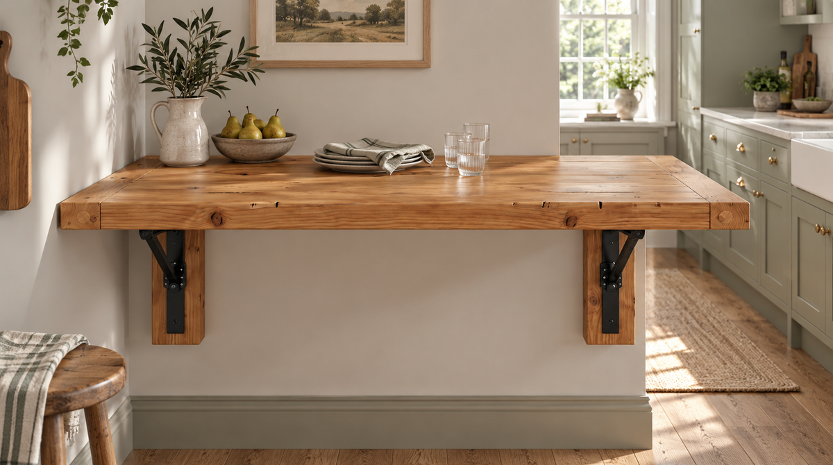 ASHCOMBE Rustic Foldable Wall-Mounted Solid Wood Table – Rustic Wood with Foldable Brackets – Space-Saving Desk for Kitchen, Office, or Small Spaces