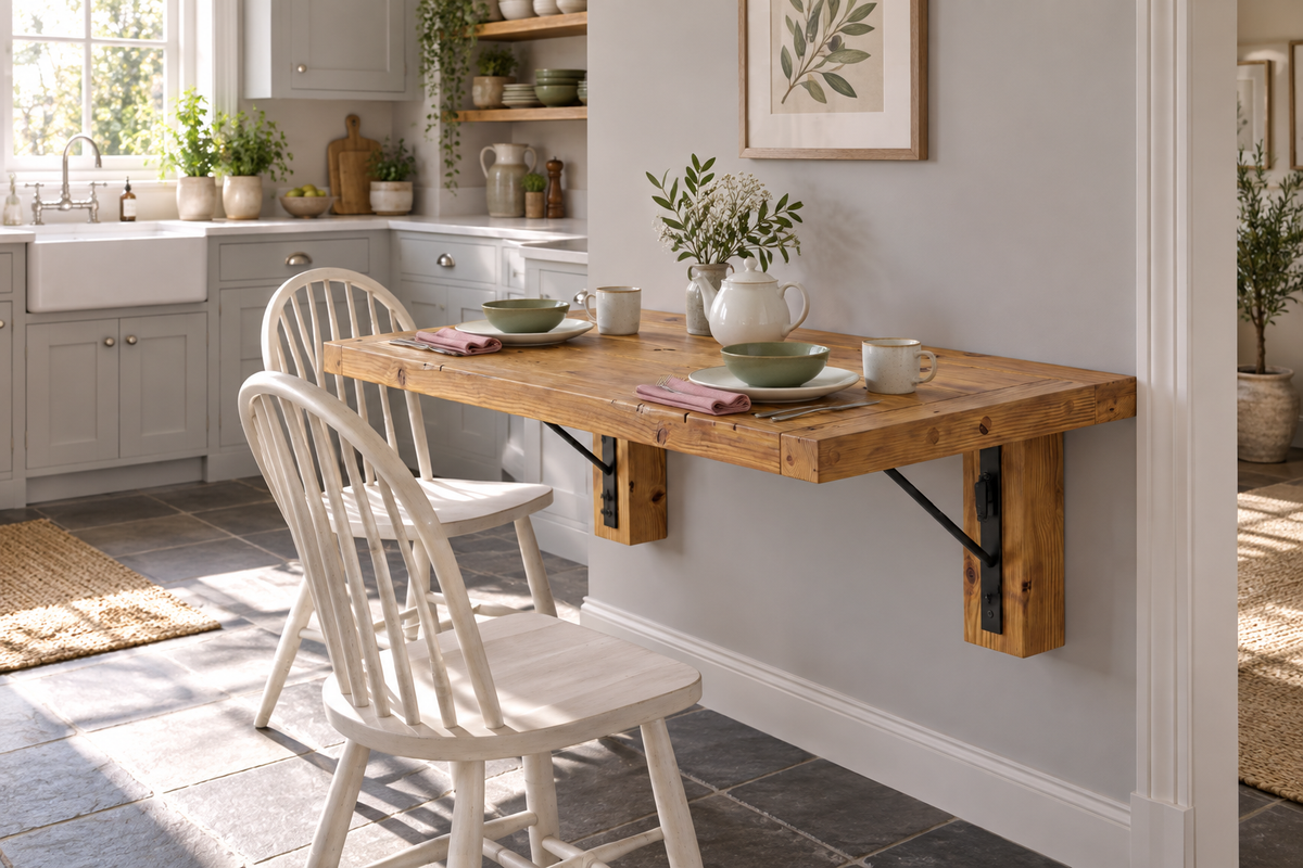 ASHCOMBE Rustic Foldable Wall-Mounted Solid Wood Table – Rustic Wood with Foldable Brackets – Space-Saving Desk for Kitchen, Office, or Small Spaces